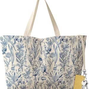 Large Tote Bag for Women - Aesthetic Cute Big Canvas Bags with Zipper Cotton Shoulder Bag for Gym, Travel, Work（Blue Flowers）