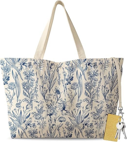 Large Tote Bag for Women - Aesthetic Cute Big Canvas Bags with Zipper Cotton Shoulder Bag for Gym, Travel, Work(Blue Flowers)