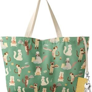 Large Tote Bag for Women - Aesthetic Cute Big Canvas Bags with Zipper Cotton Shoulder Bag for Gym, Travel, Work（Breads Cats）