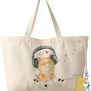 Large Tote Bag for Women - Aesthetic Cute Big Canvas Bags with Zipper Cotton Shoulder Bag for Gym, Travel, Work（Cat With Earphone）