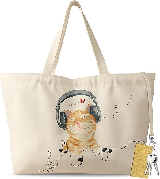 Large Tote Bag for Women - Aesthetic Cute Big Canvas Bags with Zipper Cotton Shoulder Bag for Gym, Travel, Work(Cat With Earphone)