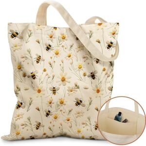 Canvas Tote Bag for Women - Aesthetic Canvas Totes with Pockets Cute Reusable Cloths Ladies Shoulder Bag（ Flower Bee）