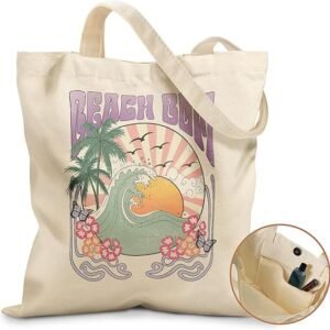 Aesthetic Tote Bag for Girls - with Magnetic Buckle and Zipper Inner Pocket for Women Lady Canvas Cotton Tote Bag（Beach Sunset）