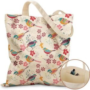 Canvas Tote Bag for Women - Aesthetic Canvas Totes with Pockets Cute Reusable Cloths Ladies Shoulder Bag（Floral Bird）