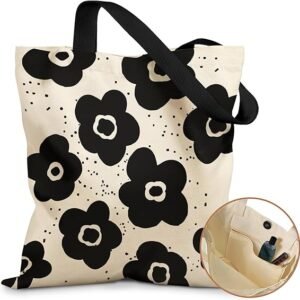 Aesthetic Tote Bag for Girls - with Magnetic Buckle and Zipper Inner Pocket for Women Lady Canvas Cotton Tote Bag（Black Flower）