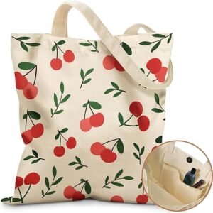 Aesthetic Tote Bag for Girls - with Magnetic Buckle and Zipper Inner Pocket for Women Lady Canvas Cotton Tote Bag（Cherry）