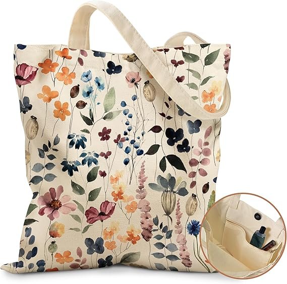 Aesthetic Tote Bag for Girls - with Magnetic Buckle and Zipper Inner Pocket for Women Lady Canvas Cotton Tote Bag(Colorful Leaf)