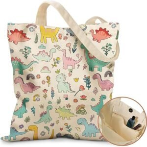 Aesthetic Tote Bag for Girls - with Magnetic Buckle and Zipper Inner Pocket for Women Lady Canvas Cotton Tote Bag（Dinosaur）