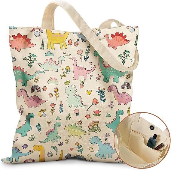 Aesthetic Tote Bag for Girls - with Magnetic Buckle and Zipper Inner Pocket for Women Lady Canvas Cotton Tote Bag(Dinosaur)