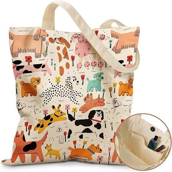 Aesthetic Tote Bag for Girls - with Magnetic Buckle and Zipper Inner Pocket for Women Lady Canvas Cotton Tote Bag(Dogs)