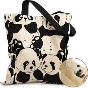 Aesthetic Tote Bag for Girls - with Magnetic Buckle and Zipper Inner Pocket for Women Lady Canvas Cotton Tote Bag（Full Panda）