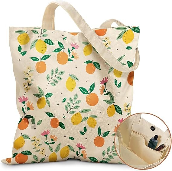 Aesthetic Tote Bag for Girls - with Magnetic Buckle and Zipper Inner Pocket for Women Lady Canvas Cotton Tote Bag(Lemon Orange)