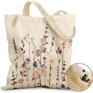 Aesthetic Tote Bag for Girls - with Magnetic Buckle and Zipper Inner Pocket for Women Lady Canvas Cotton Tote Bag（Purple Flower）