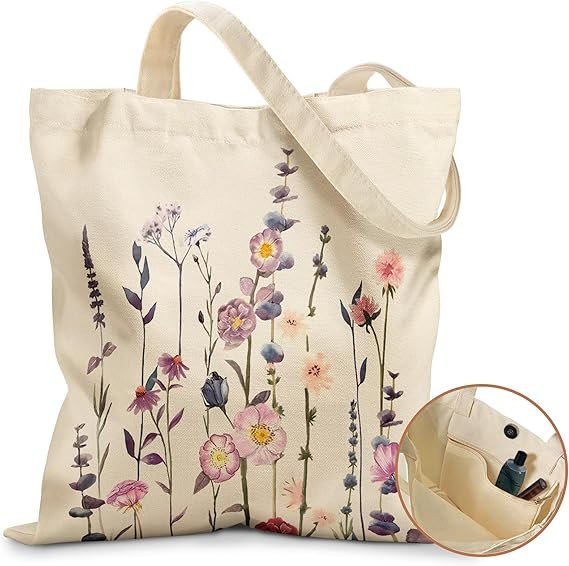 Aesthetic Tote Bag for Girls - with Magnetic Buckle and Zipper Inner Pocket for Women Lady Canvas Cotton Tote Bag(Purple Flower)