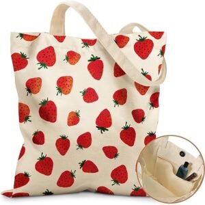 Aesthetic Tote Bag for Girls - with Magnetic Buckle and Zipper Inner Pocket for Women Lady Canvas Cotton Tote Bag（Retro Strawberry）