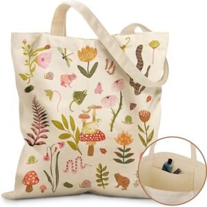 Canvas Tote Bag for Women - Aesthetic Canvas Totes with Pockets Cute Reusable Cloths Ladies Shoulder Bag（Frog Mushroom）