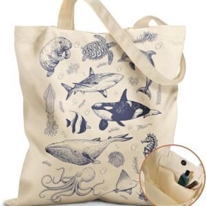 Aesthetic Tote Bag for Girls - with Magnetic Buckle and Zipper Inner Pocket for Women Lady Canvas Cotton Tote Bag（Sea Fish）