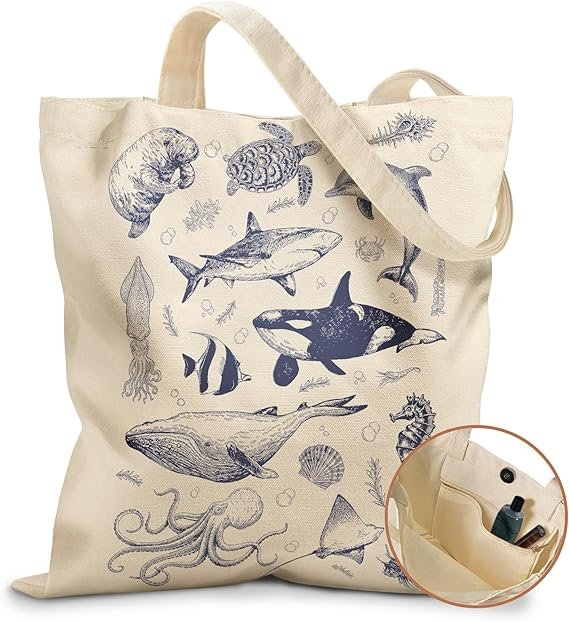 Aesthetic Tote Bag for Girls - with Magnetic Buckle and Zipper Inner Pocket for Women Lady Canvas Cotton Tote Bag(Sea Fish)