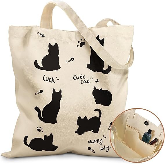 Aesthetic Tote Bag for Girls - with Magnetic Buckle and Zipper Inner Pocket for Women Lady Canvas Cotton Tote Bag(Six Cats)