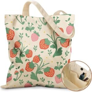 Aesthetic Tote Bag for Girls - with Magnetic Buckle and Zipper Inner Pocket for Women Lady Canvas Cotton Tote Bag（Strawberries）