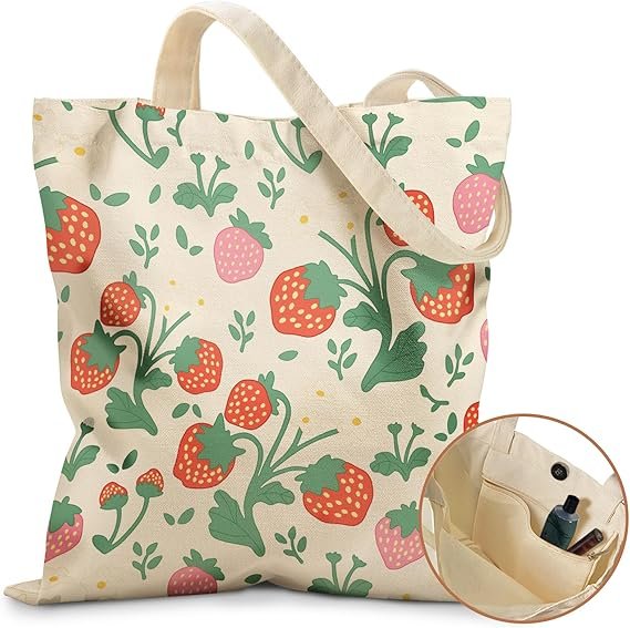 Aesthetic Tote Bag for Girls - with Magnetic Buckle and Zipper Inner Pocket for Women Lady Canvas Cotton Tote Bag(Strawberries)
