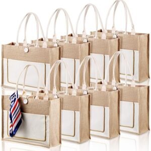 8 Pcs Burlap Tote Bags Bulk Large Jute Tote with Handles Reusable Canvas Gift Bags for Wedding Travel