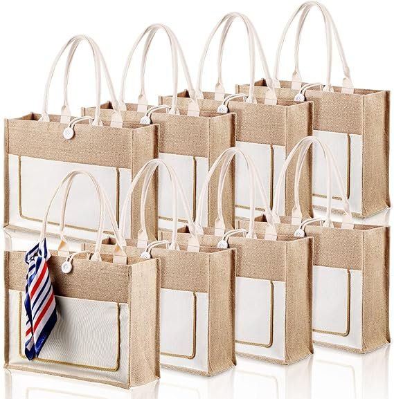 8 Pcs Burlap Tote Bags Bulk Large Jute Tote with Handles Reusable Canvas Gift Bags for Wedding Travel