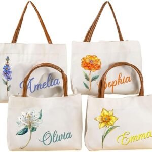 Personalized Canvas Tote Bag with Birth Flower and Name, Shoulder Bag with Leather Handle, Travel Essentials Teacher's Day Mother's Day Birthday Gift for Women（4pcs）