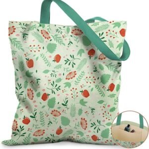 Canvas Tote Bag for Women - Aesthetic Canvas Totes with Pockets Cute Reusable Cloths Ladies Shoulder Bag（Green Leaf Fruit）