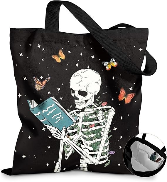 Canvas Tote Bag for Women - Aesthetic Canvas Totes with Pockets Cute Reusable Cloths Ladies Shoulder Bag(Skull Book)