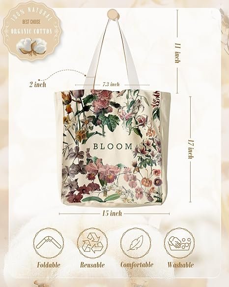 Aesthetic Heavy Canvas Tote Bag with Pocket for Women, Cloth Gusseted Totes Bag with Pattern for Shopping(Bloom) - Image 2