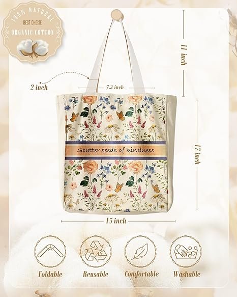 Aesthetic Heavy Canvas Tote Bag with Pocket for Women, Cloth Gusseted Totes Bag with Pattern for Shopping(Seeds of Kindness) - Image 2