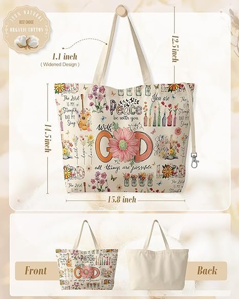 Large Tote Bag for Women - Aesthetic Cute Big Canvas Bags with Zipper Cotton Shoulder Bag for Gym, Travel, Work(Biblical God) - Image 2