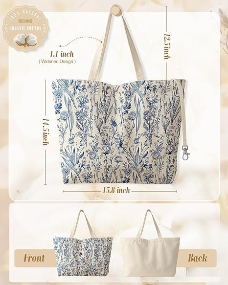 Large Tote Bag for Women - Aesthetic Cute Big Canvas Bags with Zipper Cotton Shoulder Bag for Gym, Travel, Work(Blue Flowers) - Image 2