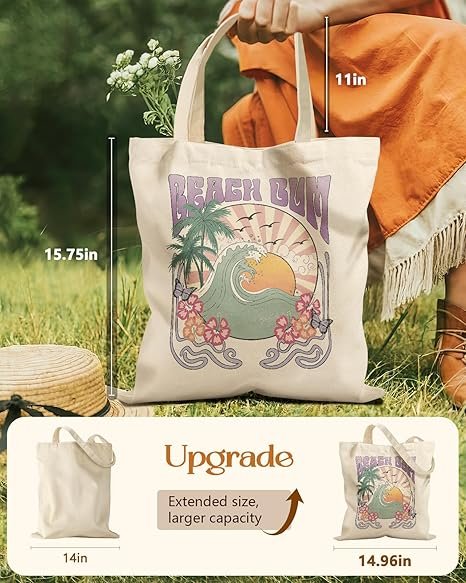 Aesthetic Tote Bag for Girls - with Magnetic Buckle and Zipper Inner Pocket for Women Lady Canvas Cotton Tote Bag(Beach Sunset) - Image 2
