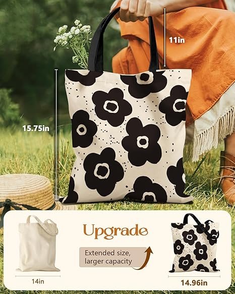 Aesthetic Tote Bag for Girls - with Magnetic Buckle and Zipper Inner Pocket for Women Lady Canvas Cotton Tote Bag(Black Flower) - Image 2