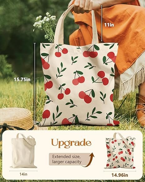 Aesthetic Tote Bag for Girls - with Magnetic Buckle and Zipper Inner Pocket for Women Lady Canvas Cotton Tote Bag(Cherry) - Image 2