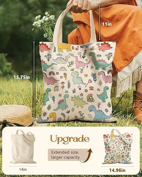 Aesthetic Tote Bag for Girls - with Magnetic Buckle and Zipper Inner Pocket for Women Lady Canvas Cotton Tote Bag(Dinosaur) - Image 2