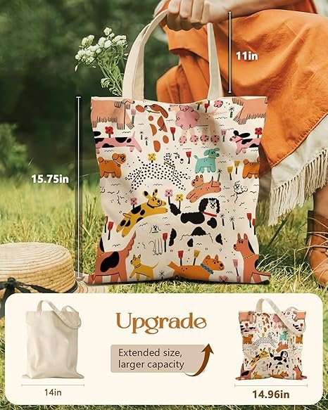 Aesthetic Tote Bag for Girls - with Magnetic Buckle and Zipper Inner Pocket for Women Lady Canvas Cotton Tote Bag(Dogs) - Image 2