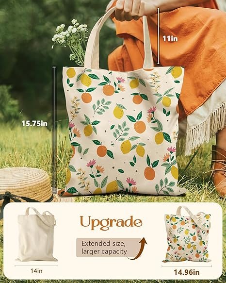 Aesthetic Tote Bag for Girls - with Magnetic Buckle and Zipper Inner Pocket for Women Lady Canvas Cotton Tote Bag(Lemon Orange) - Image 2