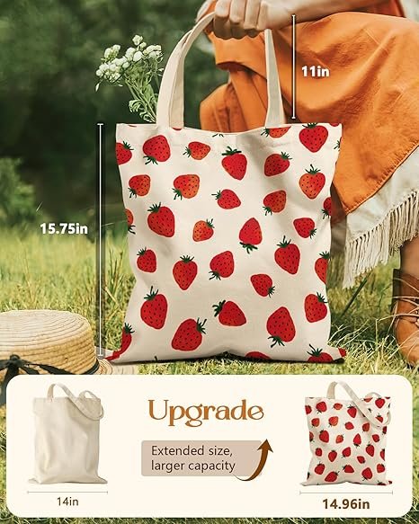 Aesthetic Tote Bag for Girls - with Magnetic Buckle and Zipper Inner Pocket for Women Lady Canvas Cotton Tote Bag(Retro Strawberry) - Image 2