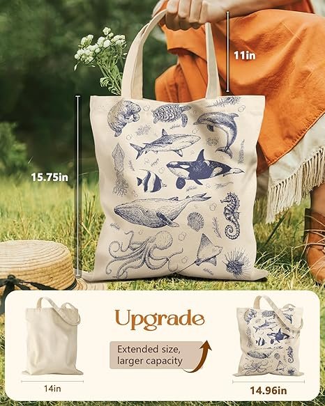 Aesthetic Tote Bag for Girls - with Magnetic Buckle and Zipper Inner Pocket for Women Lady Canvas Cotton Tote Bag(Sea Fish) - Image 2