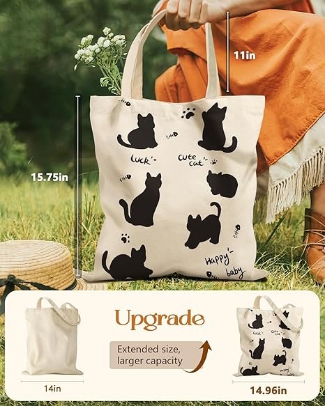 Aesthetic Tote Bag for Girls - with Magnetic Buckle and Zipper Inner Pocket for Women Lady Canvas Cotton Tote Bag(Six Cats) - Image 2