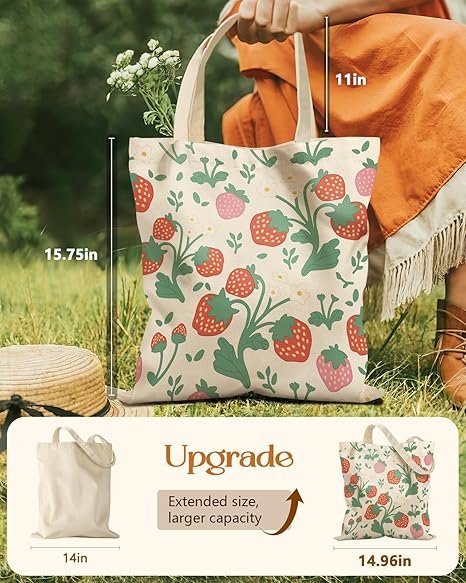 Aesthetic Tote Bag for Girls - with Magnetic Buckle and Zipper Inner Pocket for Women Lady Canvas Cotton Tote Bag(Strawberries) - Image 2