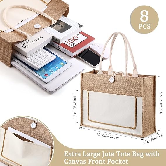 8 Pcs Burlap Tote Bags Bulk Large Jute Tote with Handles Reusable Canvas Gift Bags for Wedding Travel - Image 2