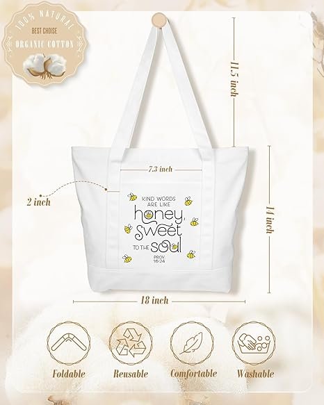 Large Canvas Tote Bag Zipper Closure - Outside Pocket Size 17.5''×14'' Aesthetic Boat Bag for Women Cotton(Bee) - Image 3