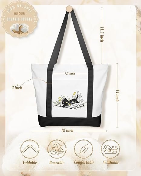 Large Canvas Tote Bag Zipper Closure - Outside Pocket Size 17.5''×14'' Aesthetic Boat Bag for Women Cotton(Black Cat) - Image 3