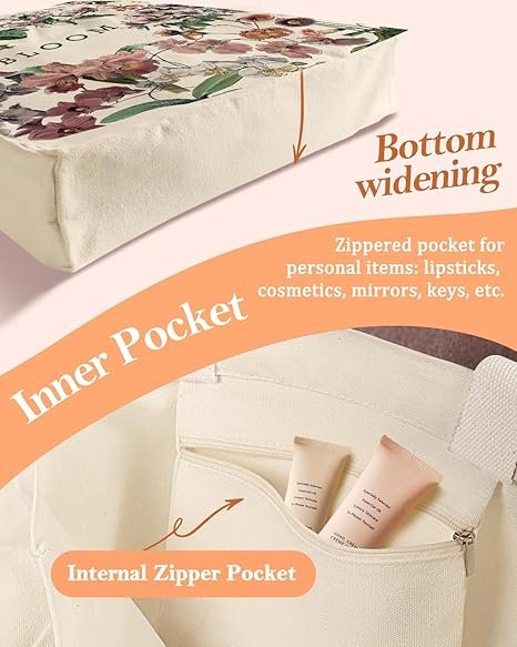 Aesthetic Heavy Canvas Tote Bag with Pocket for Women, Cloth Gusseted Totes Bag with Pattern for Shopping(Bloom) - Image 3