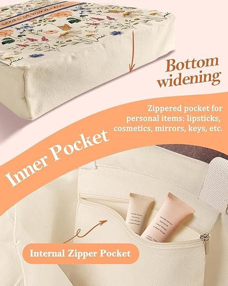 Aesthetic Heavy Canvas Tote Bag with Pocket for Women, Cloth Gusseted Totes Bag with Pattern for Shopping(Seeds of Kindness) - Image 3