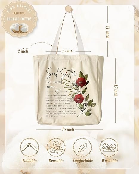 Aesthetic Heavy Canvas Tote Bag with Pocket for Women, Cloth Gusseted Totes Bag with Pattern for Shopping(Seeds of Kindness) - Image 3